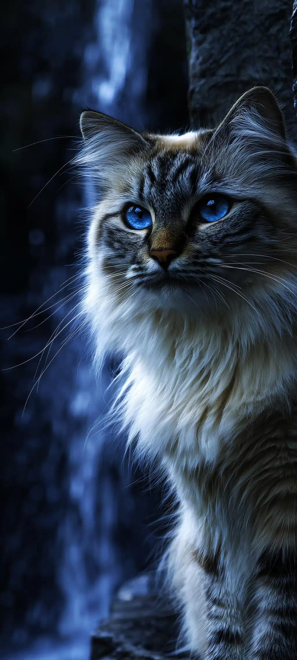 Fluffy Cat Gazing Waterfall Night