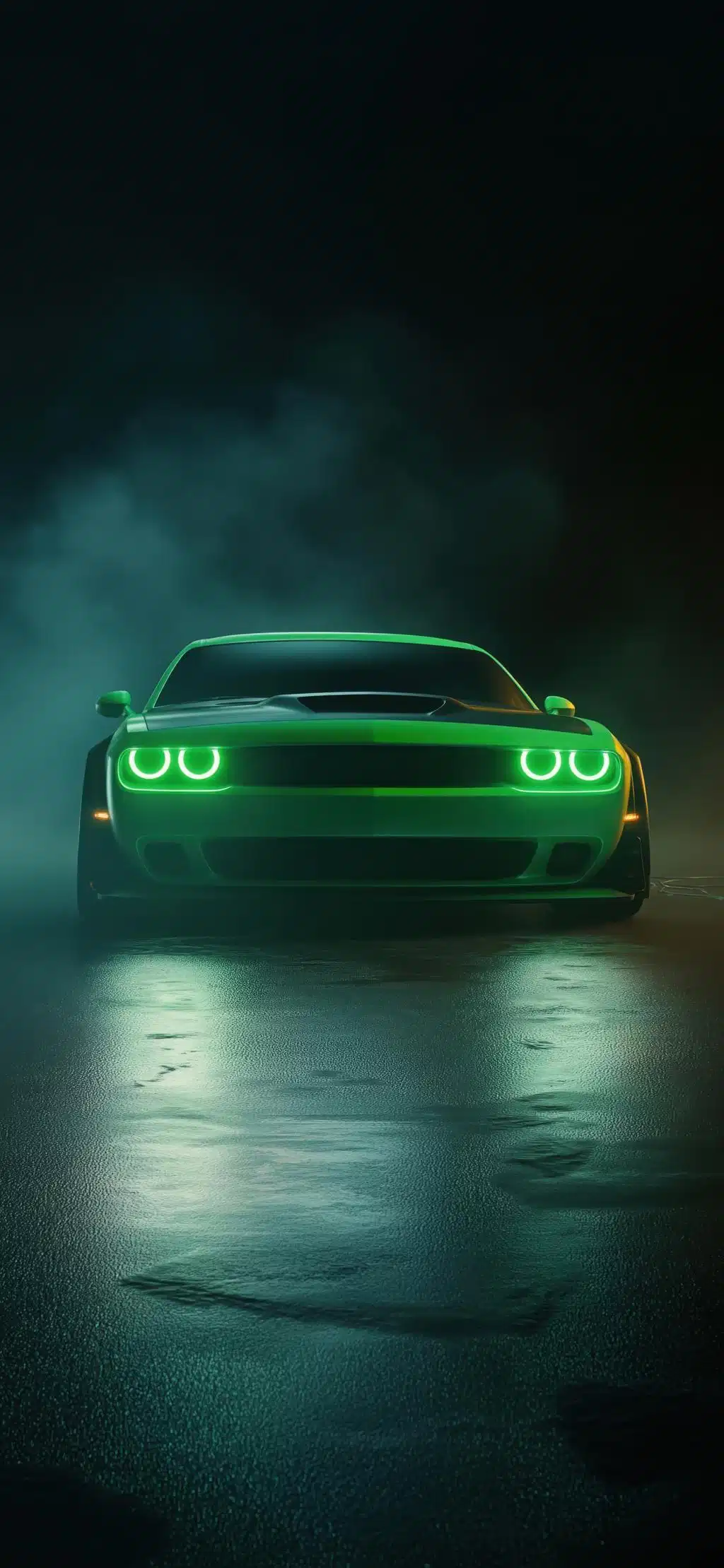 Green Neon Glowing Sports Car Night