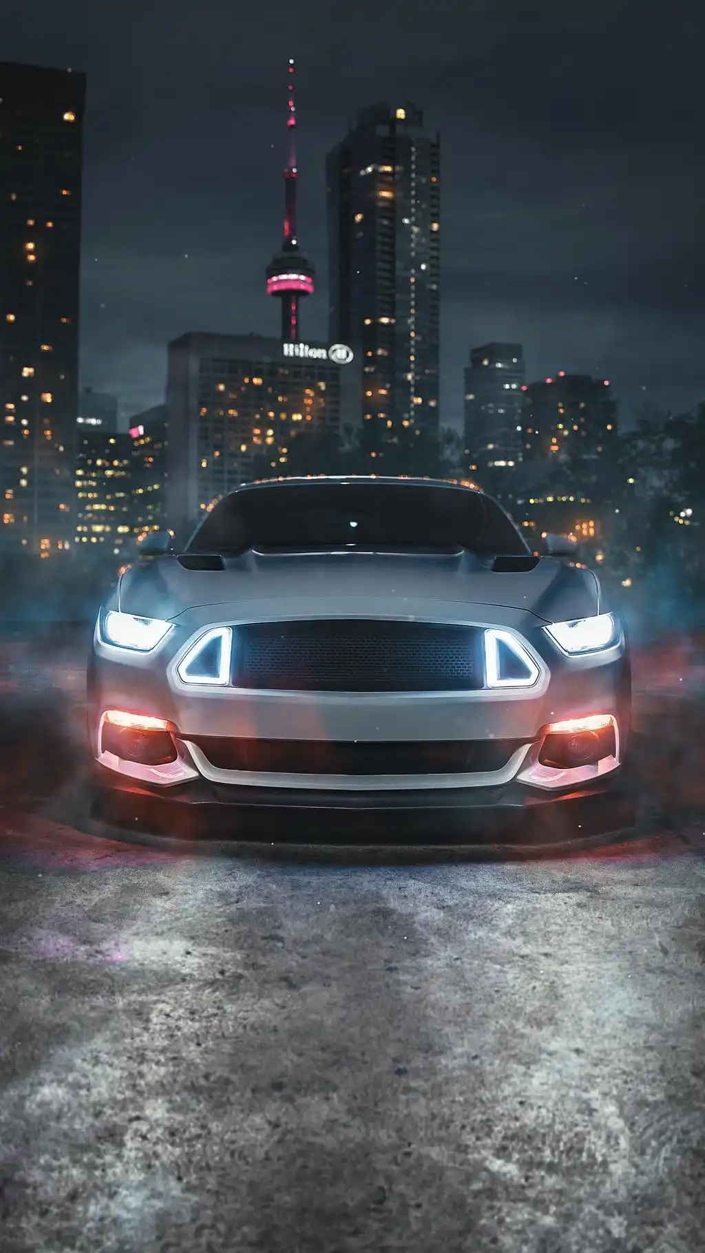 Silver Ford Mustang Neon City Lights