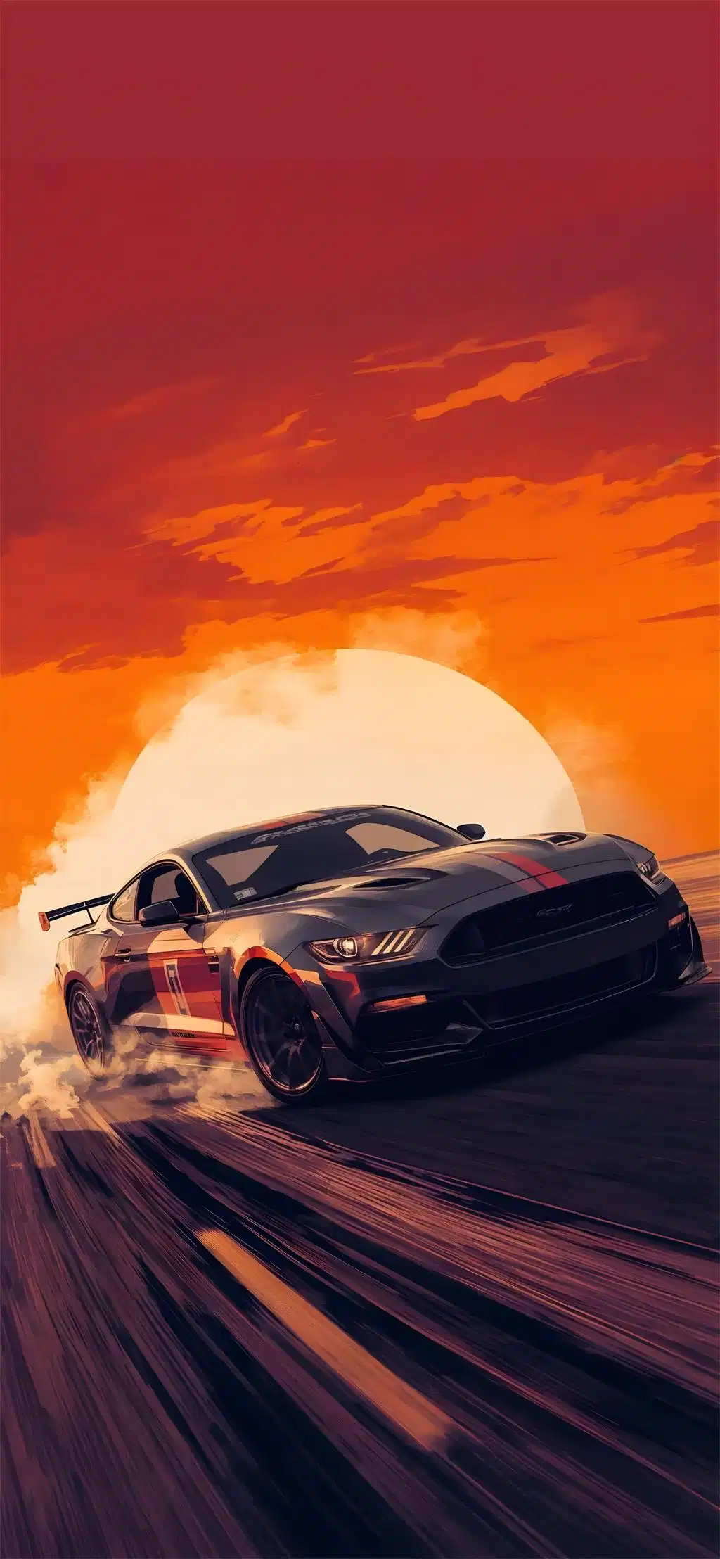 Sports Car Driving Into Orange Sunset