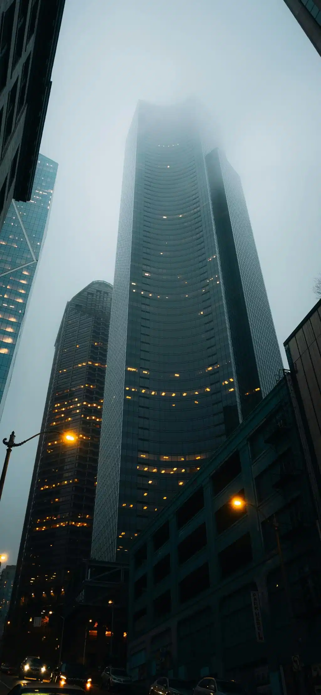 Moody Foggy Skyscrapers Looking Up
