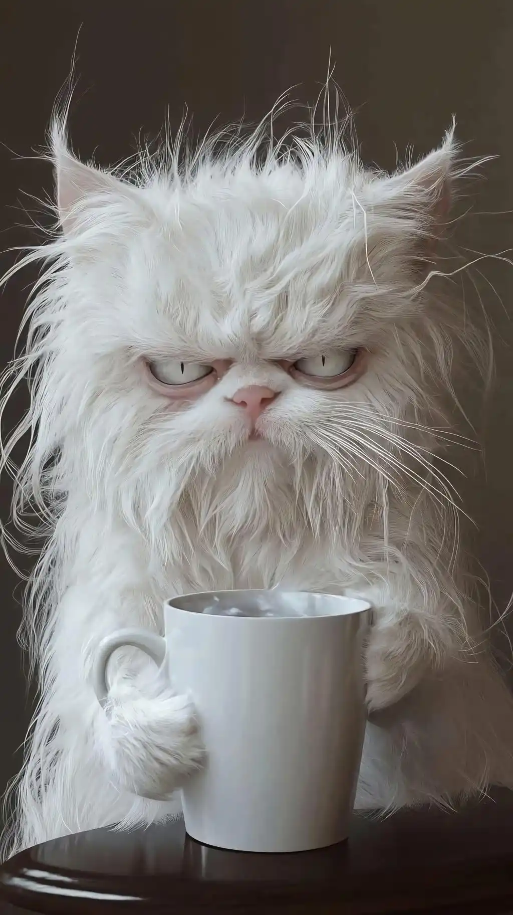 Angry Fluffy White Cat Holding Coffee