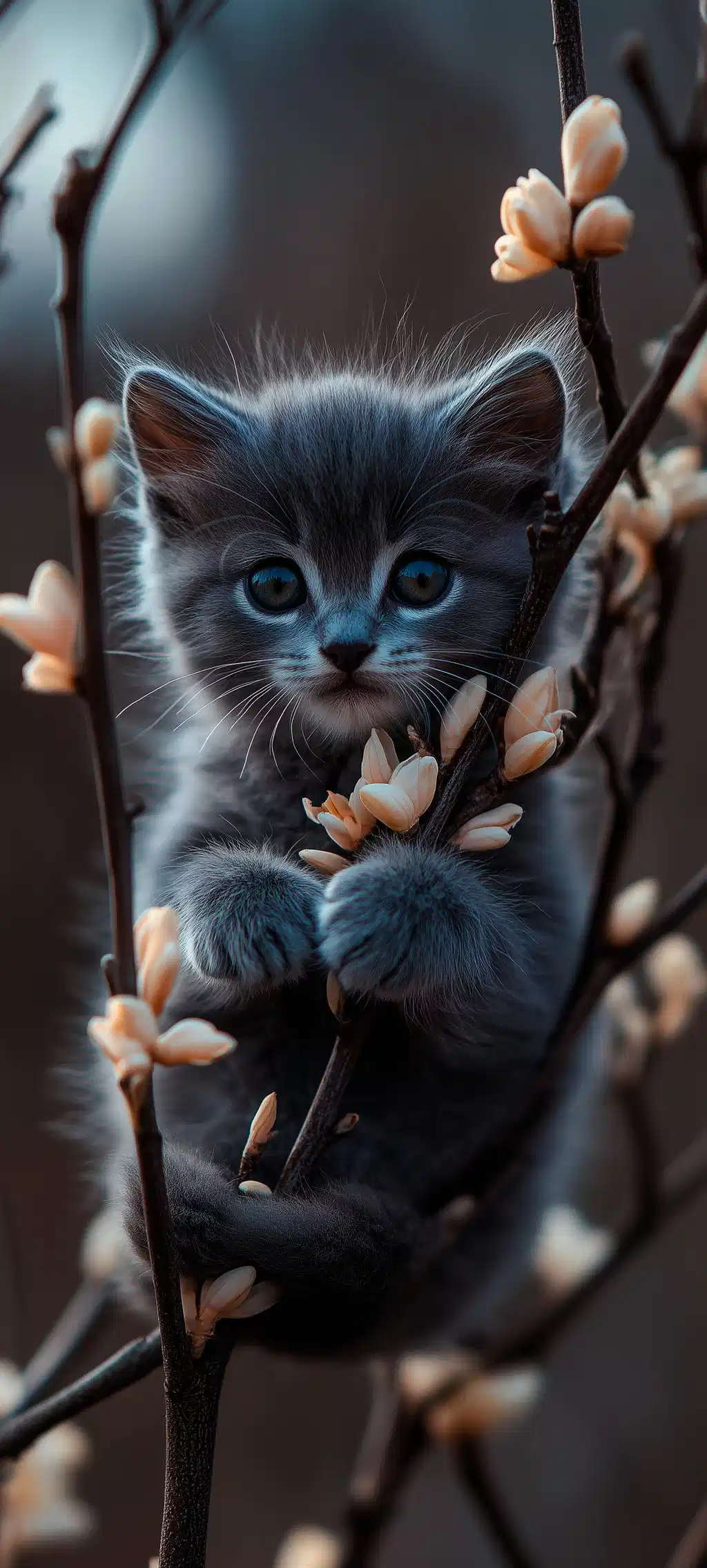 Black Kitten Climbing Tree Branches