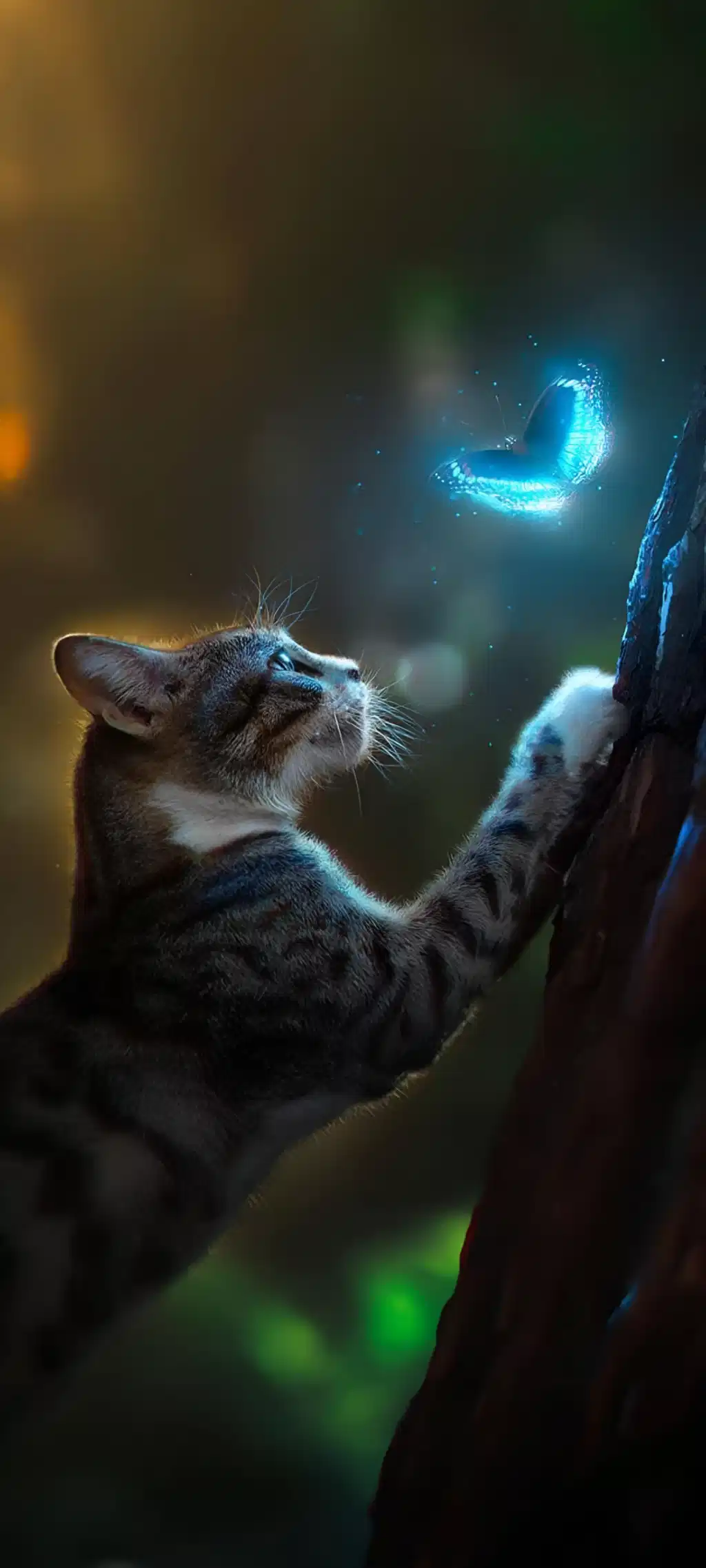 Fantasy Cat Watching Glowing Blue Butterfly