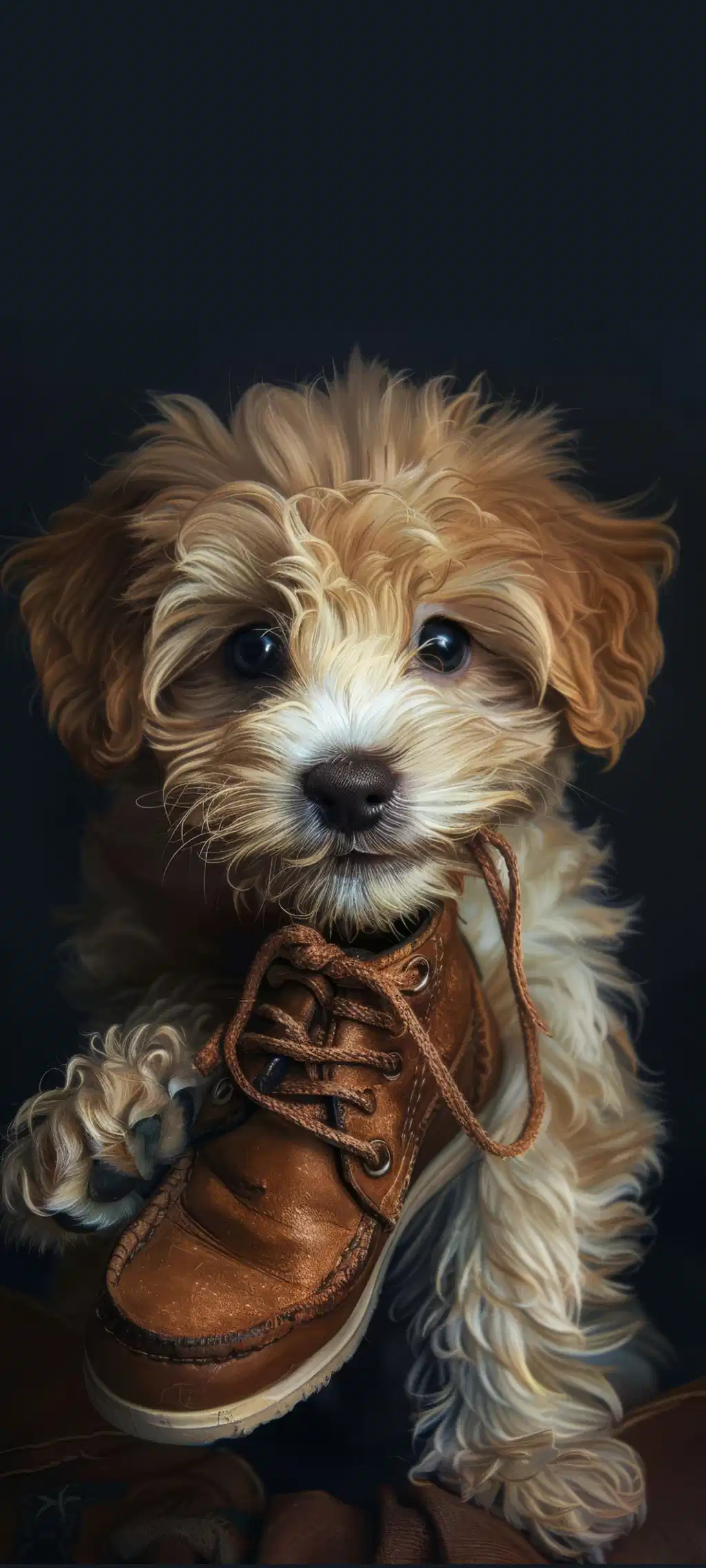 Fluffy Brown Puppy Sitting Leather Boot