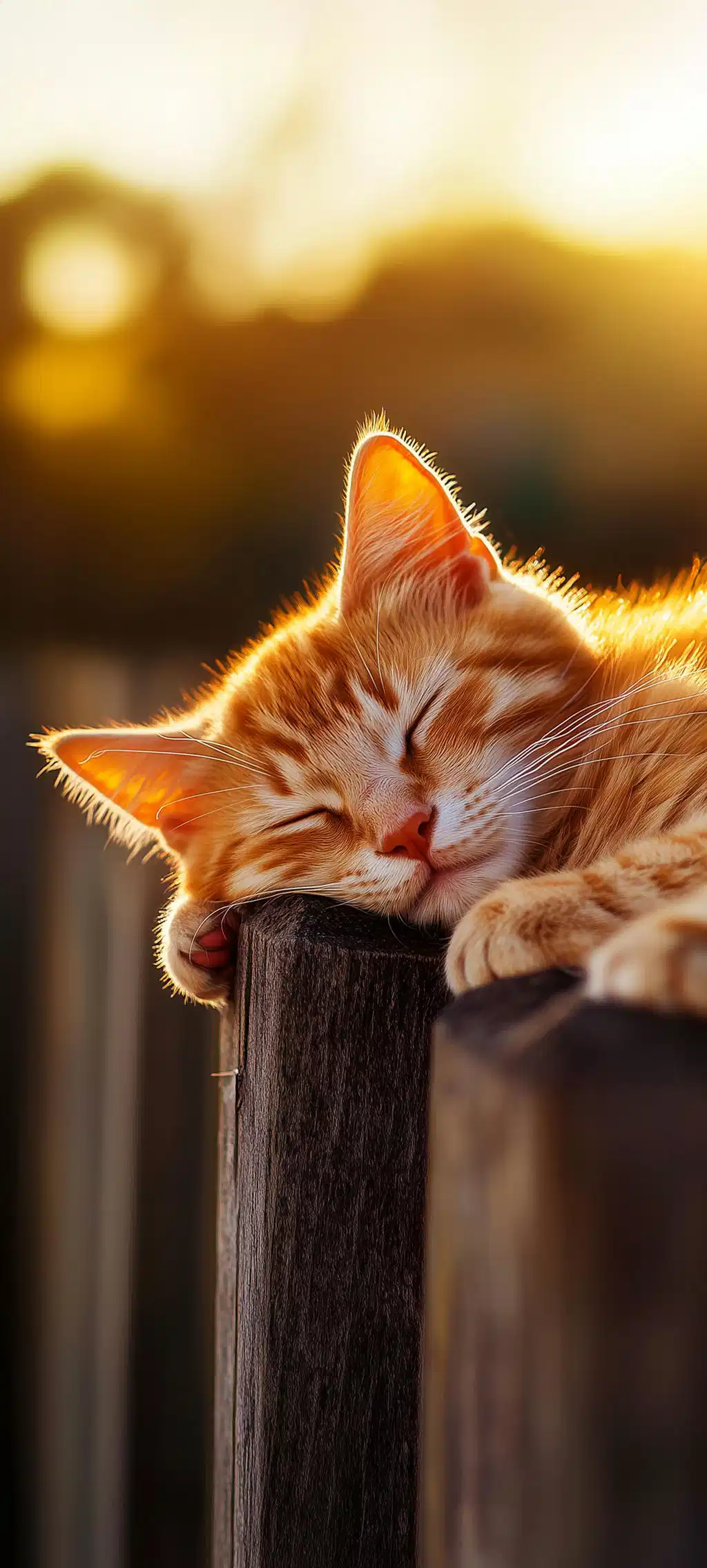 Sleeping Orange Kitten Wooden Fence