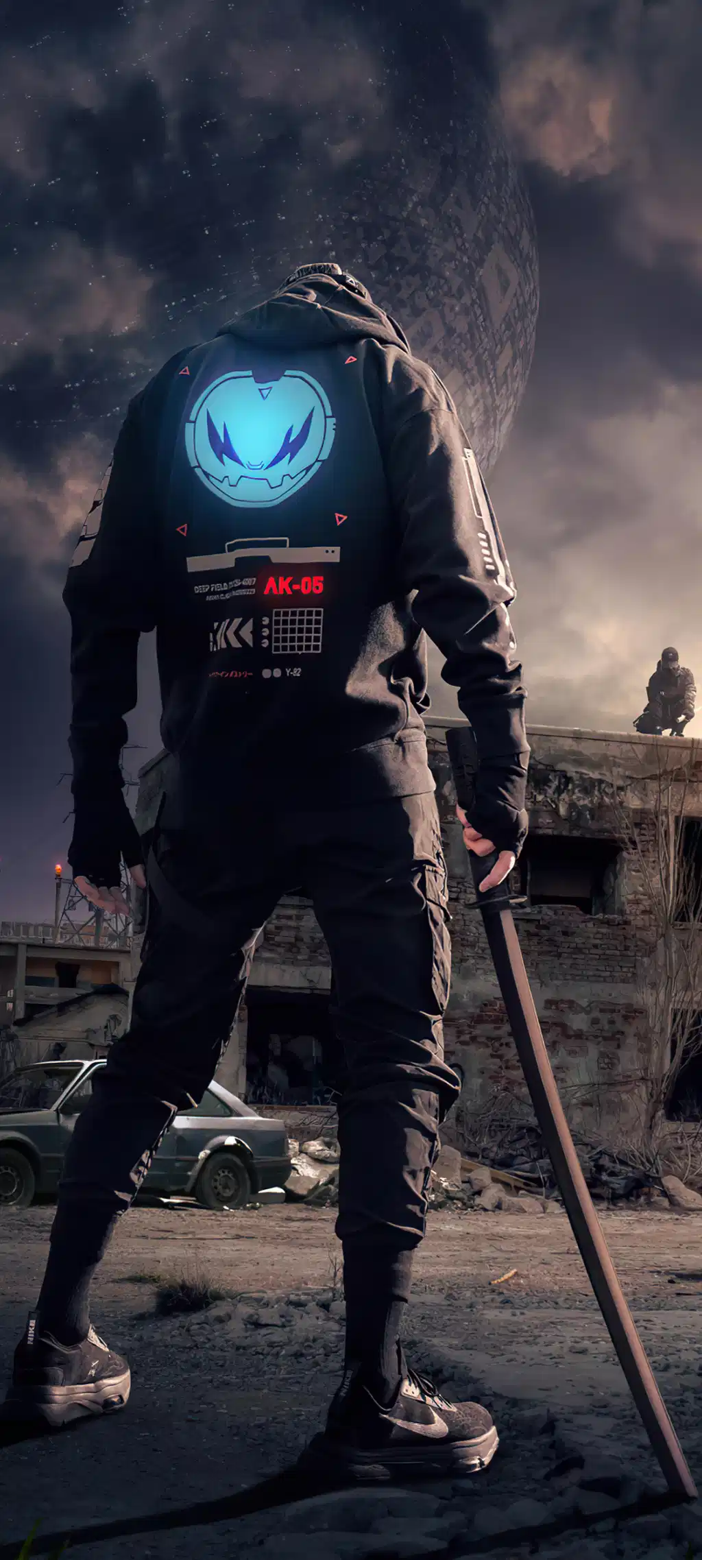 Glowing Blue Helmet Scifi Warrior Landscape