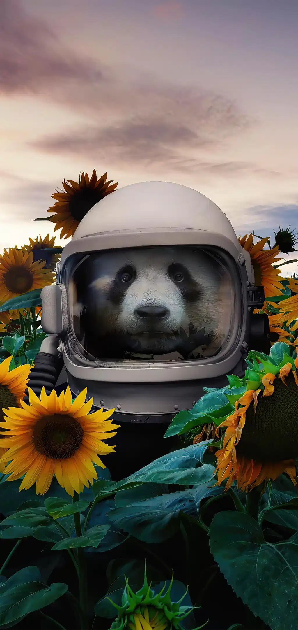 Astronaut Helmet Reflecting Sunflowers