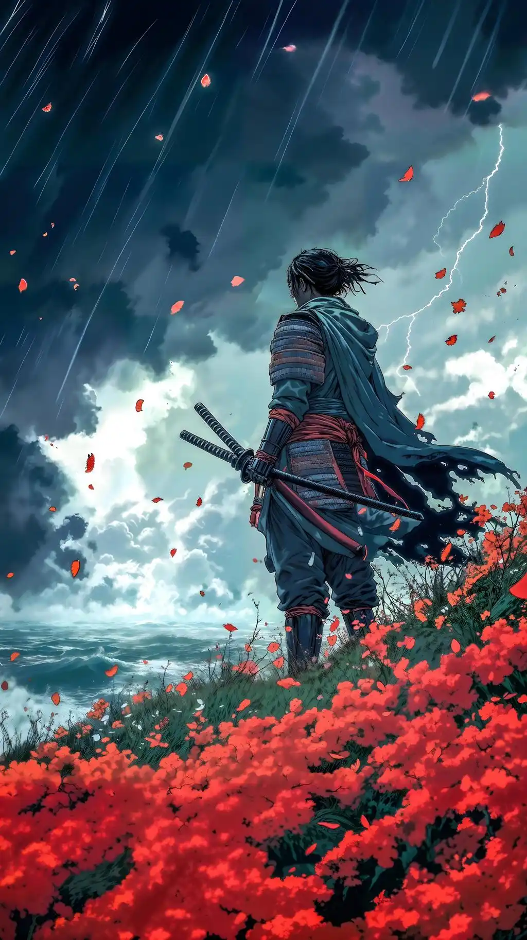 Samurai Standing In Red Flower Field