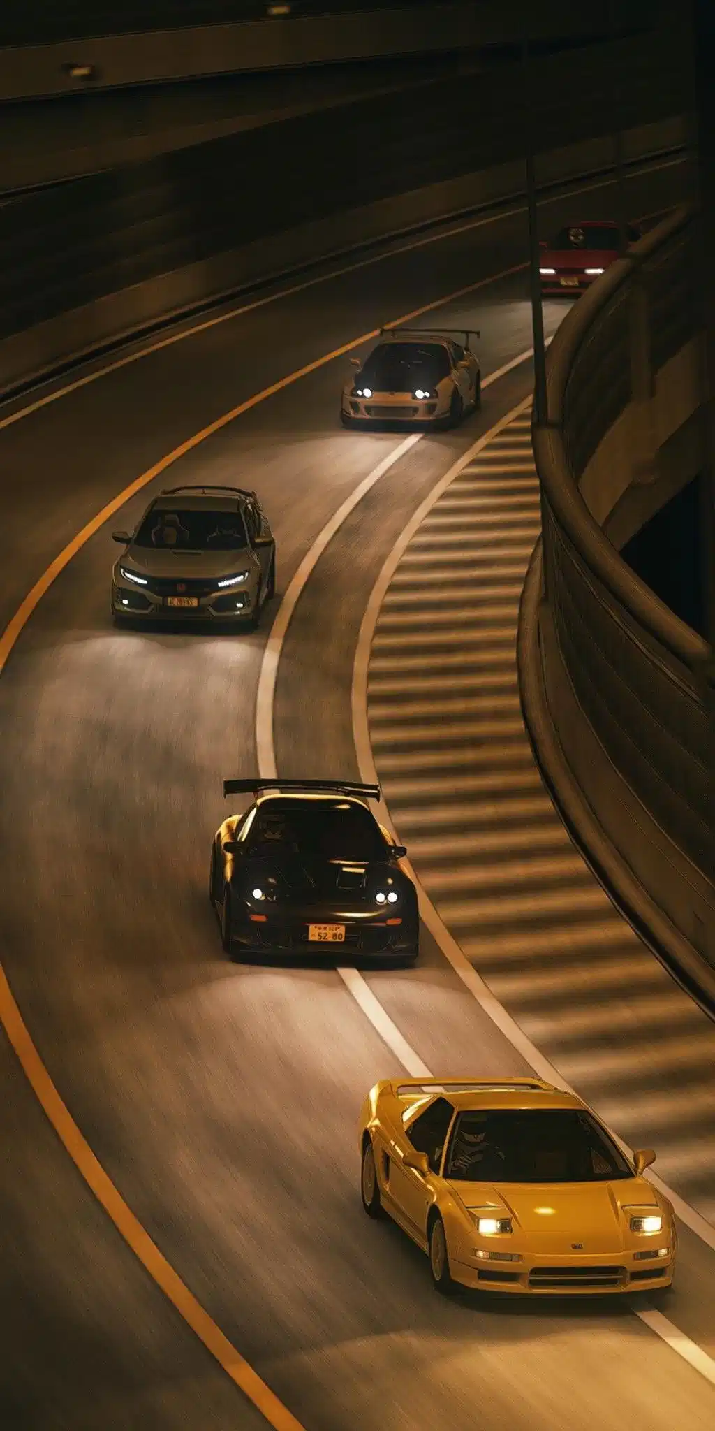 Yellow Sports Car Driving Curved Tunnel