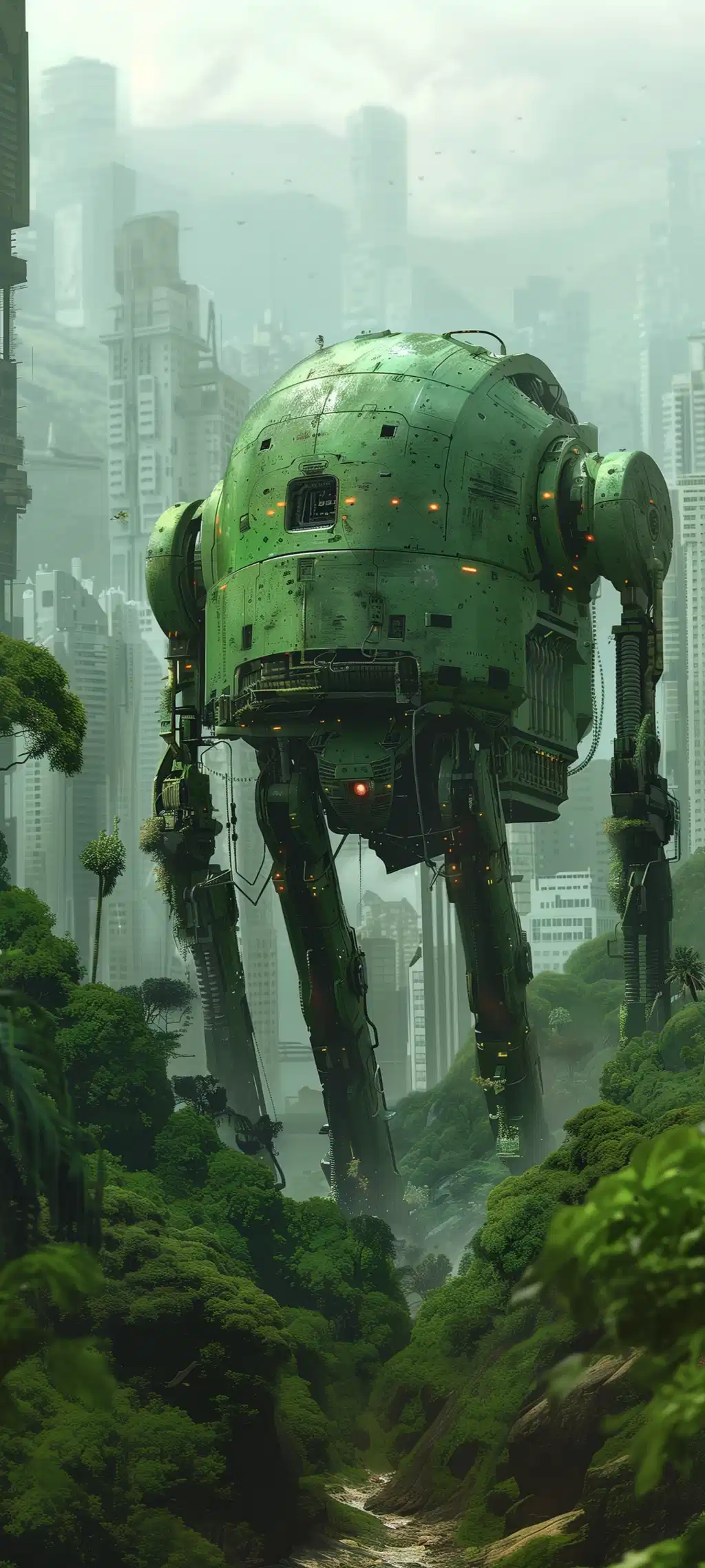 Giant Mecha Robot Foggy Forest