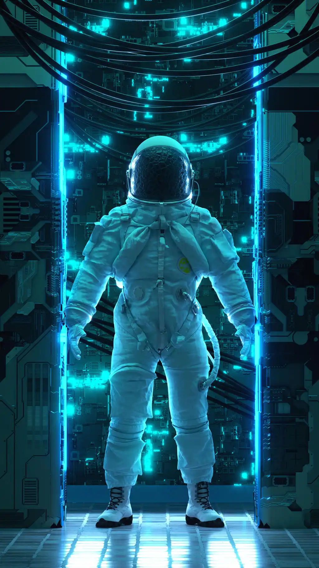 Glowing Blue Hologram Astronaut Chamber