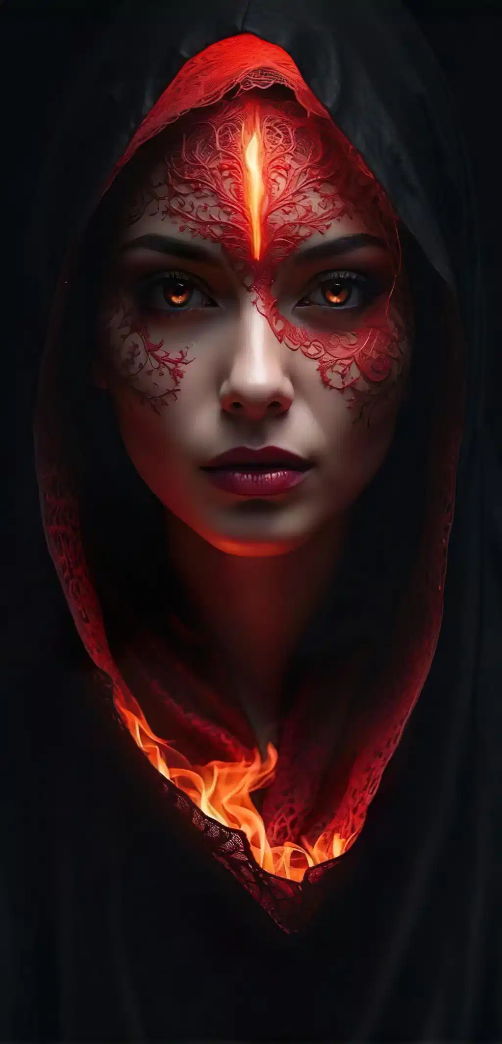 Hooded Woman Glowing Red Fire Runes