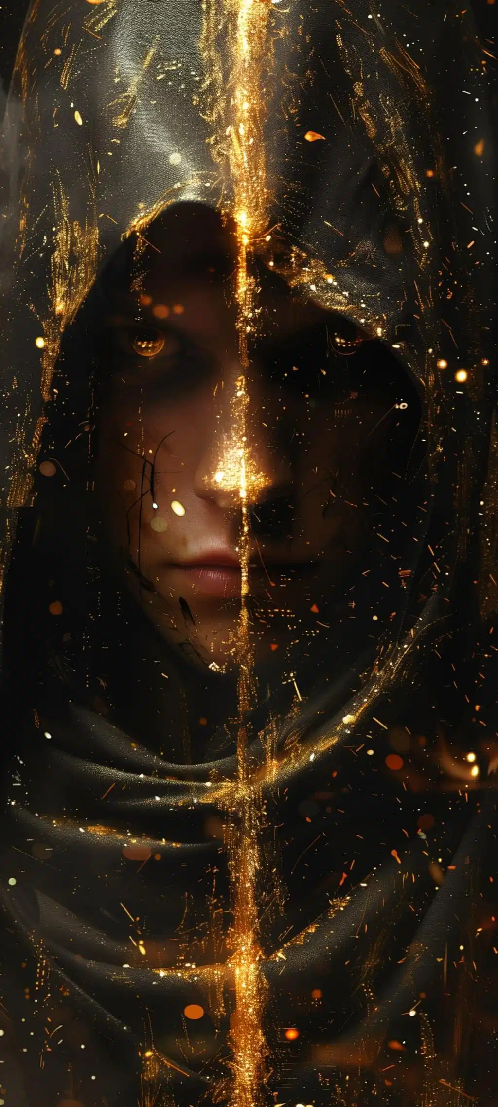 Mysterious Hooded Figure Gold Sparks