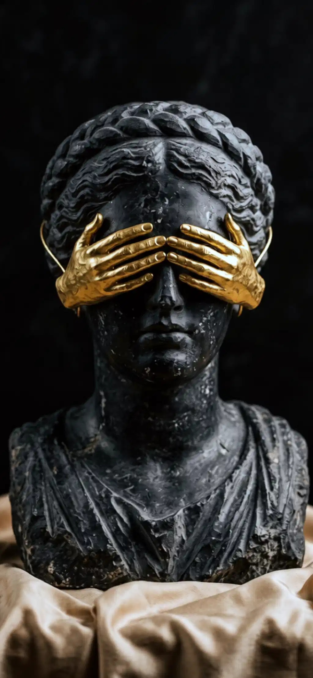 Black Marble Bust Blindfolded Gold Hands