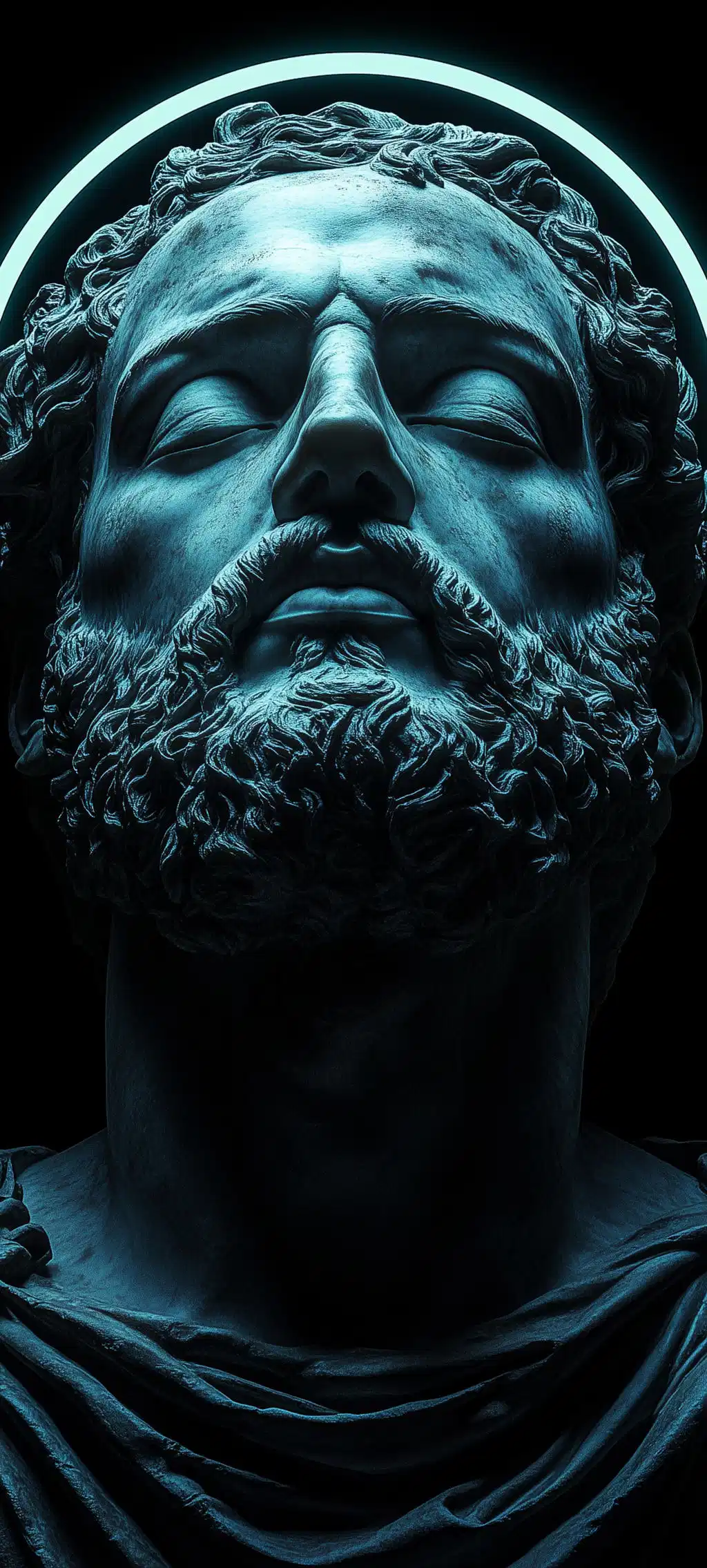 Cyan Illuminated Greek God Statue Close Up