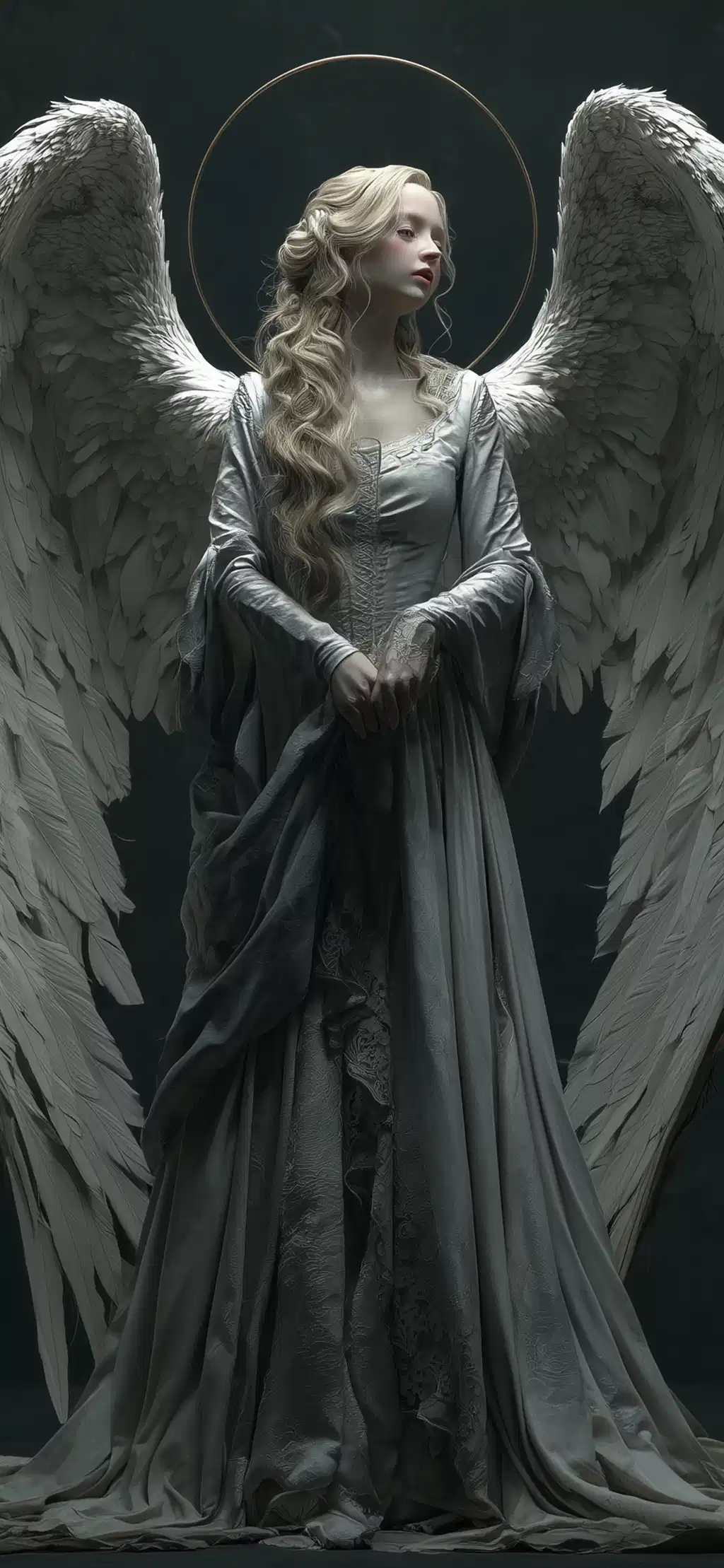 Gothic Stone Angel Sculpture Wings Folded
