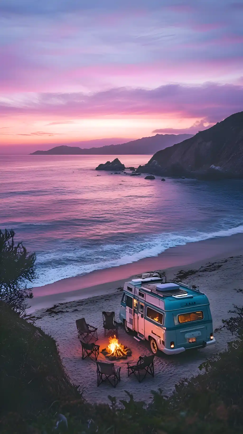 Cozy Van Camping Ocean Sunset View
